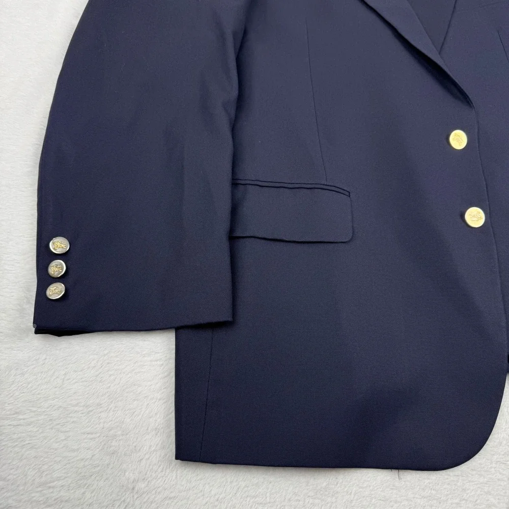 Burberrys Wool Blazer Mens 46 Navy Blue Gold Crest Button Vintage Sport Coat